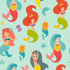 Fototapeta na wymiar Marine vector pattern. Seamless pattern with cute mermaids, cat, pearl and starfish. Design for wrapping, fabric, textile. Sea background with cute mermaid girls