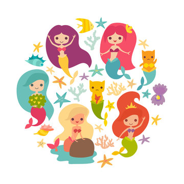 Mermaids girls vector illustration. Cute cartoon card with little mermaid, circle composition. Cat mermaid under the sea. Isolated on white. Fish, corals and seaweed cartoon style