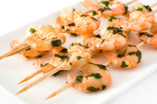Shrimp skewers isolated on white background
