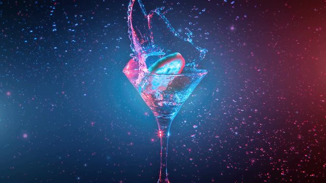 Bright cocktail with lemon in glass, splashing water on dark background. The object is illuminated from two sides, blue and red color. Drops, bokeh and glare movement. Camera zooming. Slow motion 4K