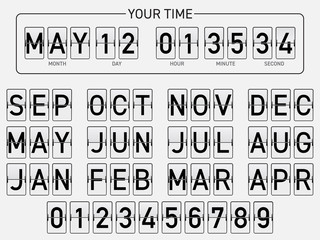 Retro flip score board. Clock and calendard. White with black text.
