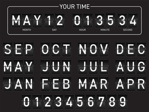 Retro flip score board. Clock and calendard. Black with white text.