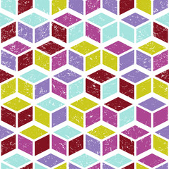 Vector Geometric Seamless Pattern. Repeating Abstract Background with Grunge Texture. Vintage Bright Graphic Ornament with Rhombus Cube Shapes - 158765551