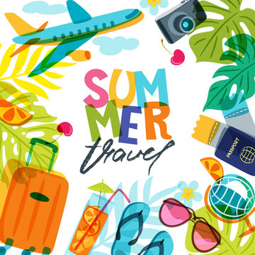 Vector banner, poster or flyer design template with palm leaves, plane, luggage and calligraphy lettering. Hand drawn illustration. Trendy concept for summer travel, holidays and tourism background
