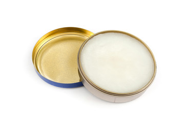 shoe polish isolated on a white, Polish in Open Flat Round Container