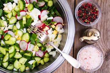 Sliced cucumber, radish, onion, spinach, lettuce and egg in meta
