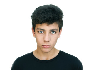 A teenager in a black shirt on a white background