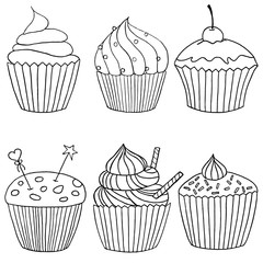 Vector cupcake illustration. Set of hand drawn cupcakes. Doodle cakes with cream and berries.