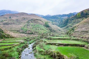 Fototapeta na wymiar water stream between terraced fields of Dazhai