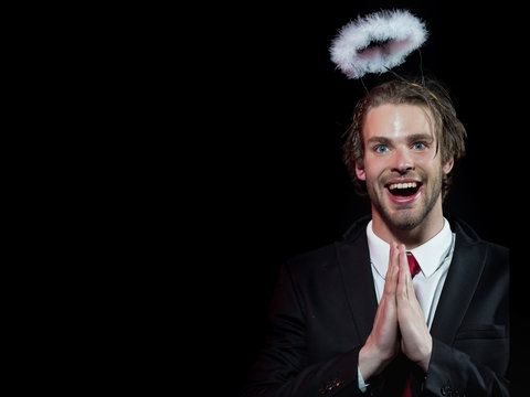 Guy, Happy Man With White Feather Halo Above Head