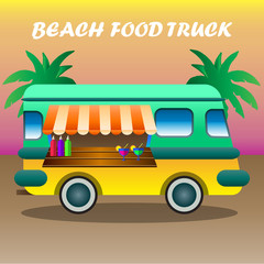 Food truck among palm trees on tropical beach. Vector cartoon illustration