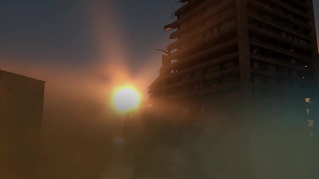 view of the destroyed post-apocalyptic city in the sunset 3D render