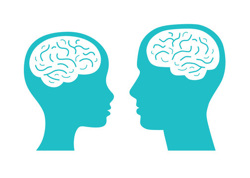 Man and woman heads with brain silhouette icon.