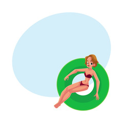 Young pretty girl, woman in bikini swimming on floating inflatable ring, top view cartoon vector illustration with space for text. Young happy woman, girl floating on inflatable ring