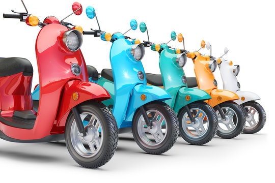 Group color scooters in row