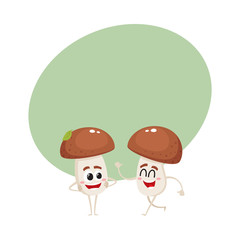 Two funny porcini mushroom characters, one walking, another looking with arms akimbo, cartoon vector illustration with space for text. Two porcini mushroom characters, standing and walking