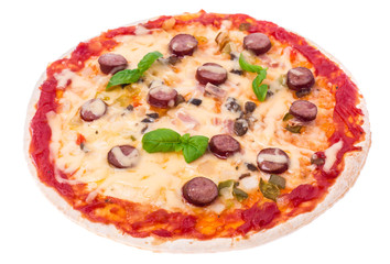 Pizza with sausages and cheese on white background