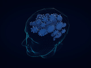 Gears in shape of brain concept on head human,Abstract brain.3D rendering