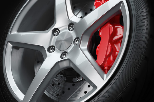 Car wheel brakes closeup