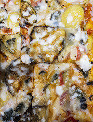 Eggplant, muhrooms, spinach, potatoes and zucchini pizza