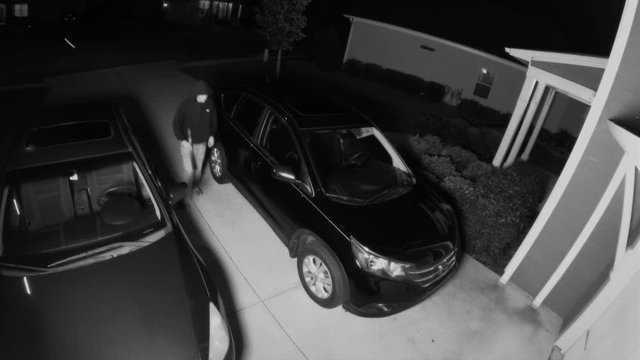 Surveillance video of car break in in a driveway of a residential home in the US and the thief stealing a woman purse. 