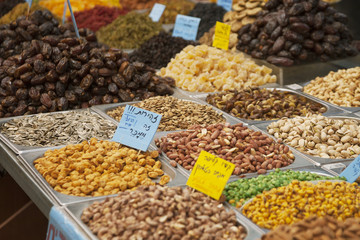 Dry nuts on the market in Jerusalem, Israel