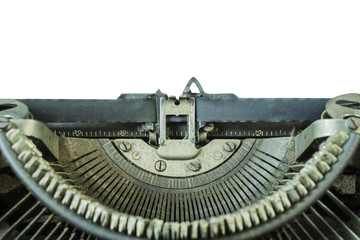 Fototapeta na wymiar Old vintage typewriter with blank isolate background,on white background - can be used for display or type your message,Space for your text,share your story text on a paper list.