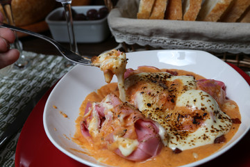 Italian dinner with breads, water and wine, table tidy