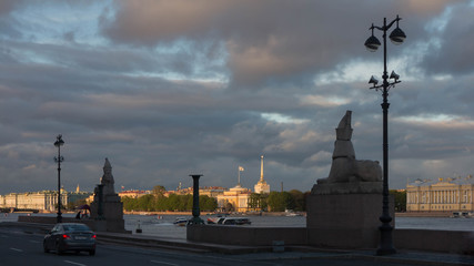 Evening panorama of St. Petersburg with the Sphinxes