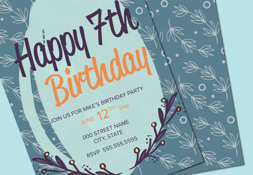Blue Circle and Leaf Pattern Birthday Party Invitation