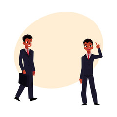 Black, African American businessman, manager in business suit holding briefcase and having idea, pointing up, cartoon vector illustration with space for text. Black ambitious businessman