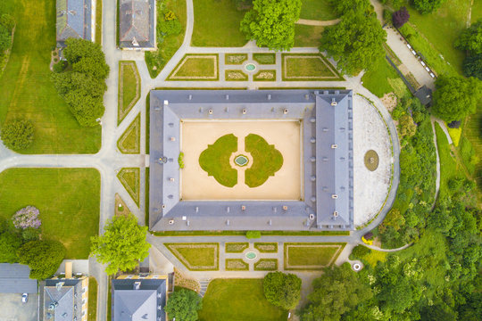 Aerial view of ch&acirc;teau Kozel. Hunting castle in the classical style. Famous tourist attraction and wedding place near Pilsen, Czech republic, European union.