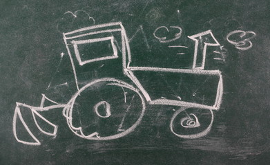 Tractor on chalkboard, blackboard texture