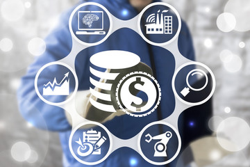 Fototapeta premium Finance Industrial Business Cost Optimization Concept. Worker pressing dollar coins button on virtual touch screen. Obtaining income. Financial investments in industry 4.0 and manufacturing.