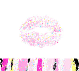VECTOR eps 10. Glitter illustration of lips. Glamour kiss print with gold shimmer for luxury design. Fashion lips with golden brushes and glitter. Art creative
