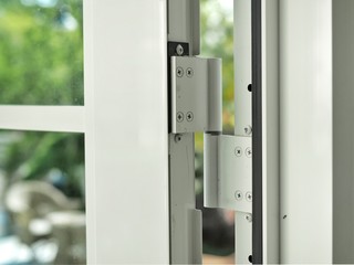 White stainless hinges on modern glass door.