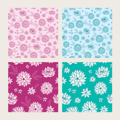 Set of seamless patterns with hand drawn summer flowers for textile, wallpapers, gift wrap and scrapbook. Vector illustration.
