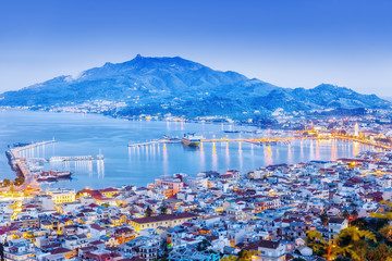 Zante - Zakinthos islnad, capital city, view from above, twilight scenery, panoramic aspect ratio...