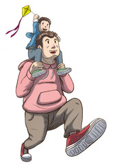 Father running with his son on shoulders and playing with kite.