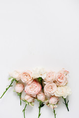 Flower composition with beige roses on white background. Flat lay, top view. Floral texture background.