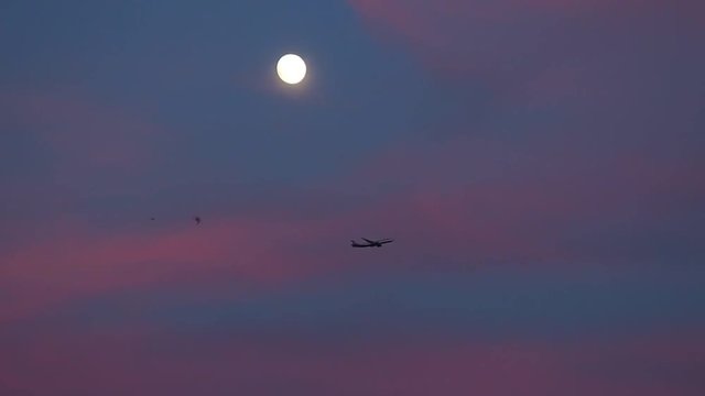 The plane flies in the clouds against the background of the moon