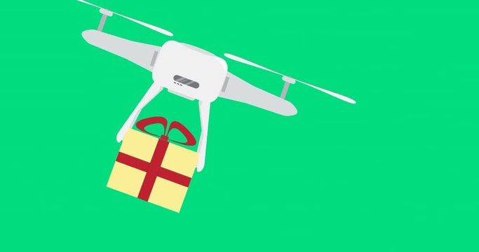Air drone aircraft with gift box . White Air drone uav in 2D, Modern remote devices cartoon animation, 4K.