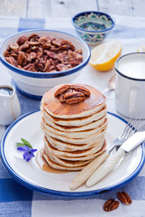 Homemade Pancakes with Maple Syrup and Pecan