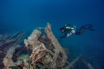 rebreather diver on wreckage at million dollar point vanuatu