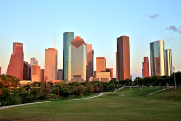 Fototapeta na wymiar Houston Downtown Skyline Illuminated at Sunset