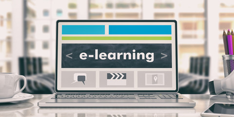 E- learning concept. Laptop in an office. 3d illustration