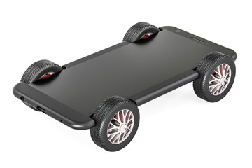 Obraz na płótnie Canvas Smartphone on car wheels, 3D rendering