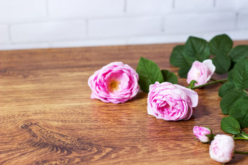 Flower tea rose buds on old wooden table