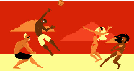 Group of diverse friends playing beach volleyball, EPS 8 vector illustration