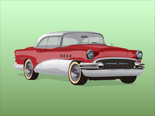 Vector retro car 50-60 years isolated on green background with shadow